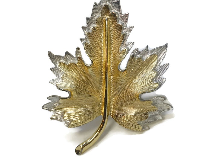 Sarah Coventry leaf brooch, two tone leaf, gold silver textured, leaf with stem, large brooch