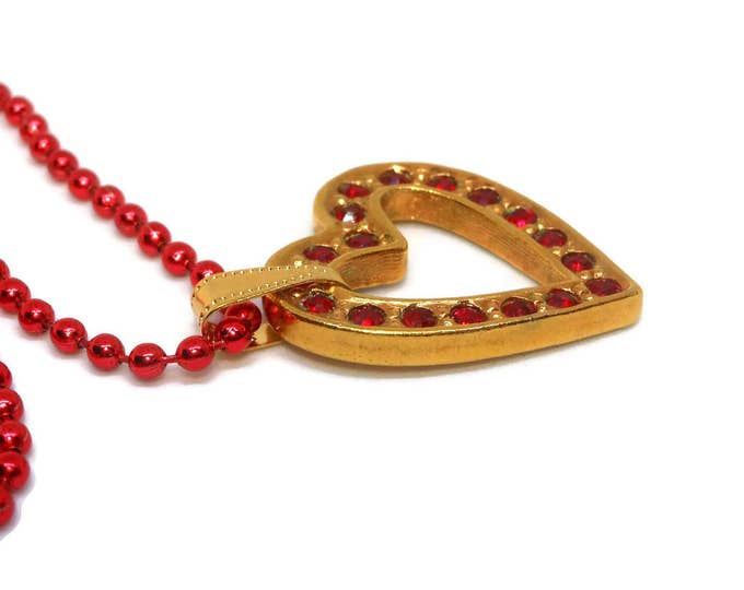 FREE SHIPPING Red rhinestone heart pendant, up-cycled Avon gold tone heart on a red ball chain necklace