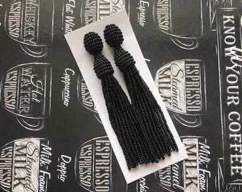 Beaded Tassel Clip-On Earrings Black (made to order)