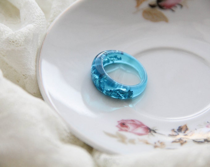 Resin Ring With Silver Flakes, Asymmetric Resin ring, Elegant Resin ring, Azure Ring, Anniversary Valentine's Gift, Everyday Gift