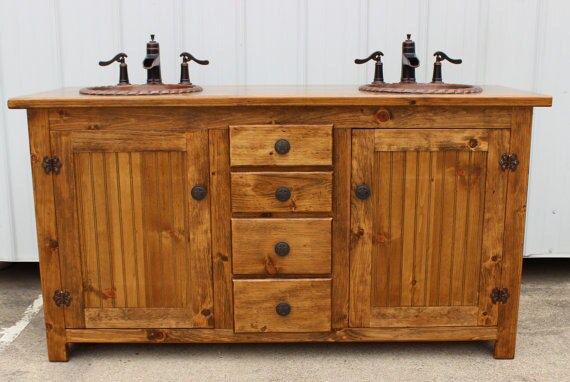 Custom Vanity Order for CH - Double Bathroom Vanity - Copper Sinks - All wood - 72" wide - Rustic Bathroom Vanity
