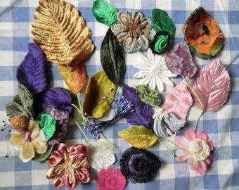 Vintage flowers, millinery floral lot ,satin leaves, velvet leaves, silk flowers, handmade stamens ,hat trim jewellery, floral accents