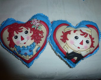 Two Raggedy Ann and Andy Valentine Heart Pillows
