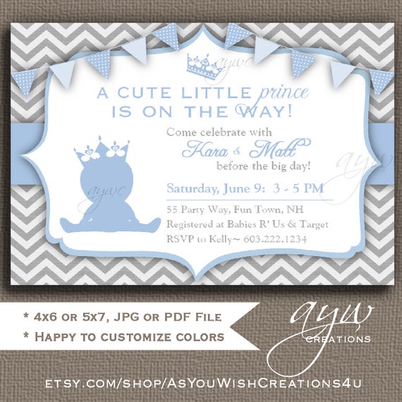 Prince Baby Shower Invitation Boy Blue Gray Prince Baby Shower