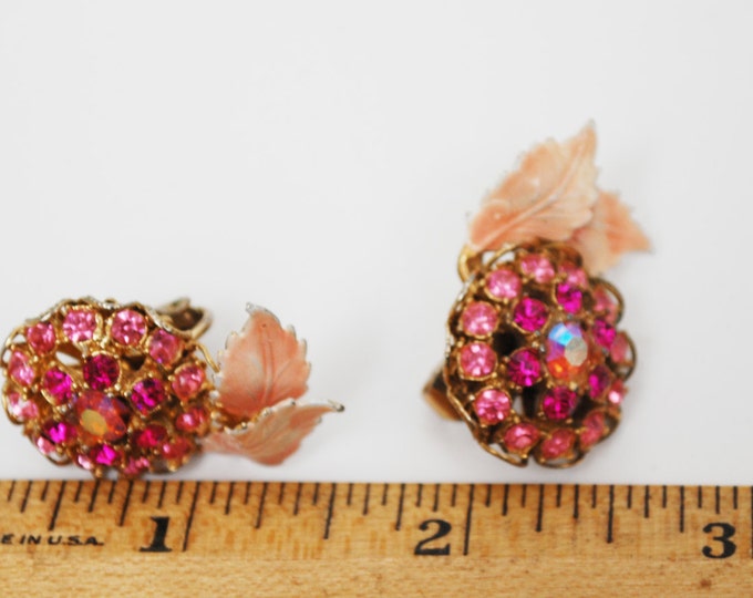 Pink Rhinestone Earrings - Enamel leaf - Flower floral -Mid Century - clip on -Aurora Borealis