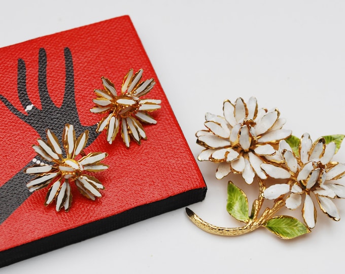 Enamel Flower Brooch Earrings - Signed Coro - white enameling gold metal - Mid Century floral pin and earrings