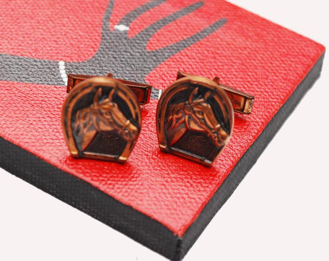 Horse cuff links - Copper Horse shoe and horse head - signed Pat Pend - vintage cufflinks