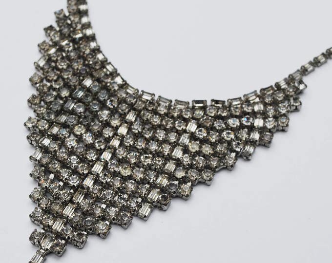 Rhinestone Bib Necklace - V Shape-clear rhinestone crystals - Silvertone metal Statement necklace - Mid Century - Wedding Prom