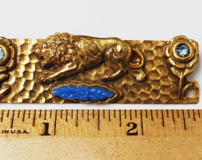 Gold Lion Bar Brooch - Blue rhinestone - Flower art glass - C clasp - Vintage Artisan pin - Art Nouveau