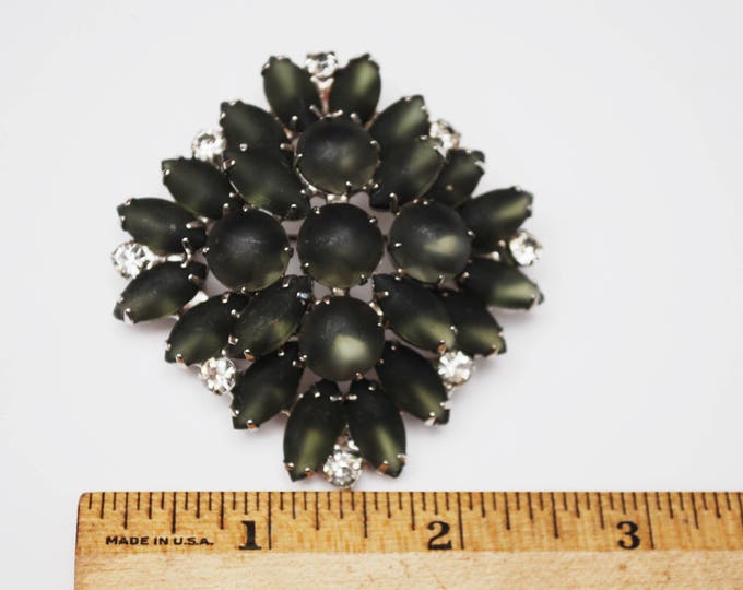 Gray Glass Atomic Brooch - Grey moonstone cabochon - Clear rhinestone - domed silver metal Mid century pin