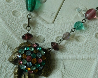 SALE 15% coupon code MARCH15 Assemblage Necklace Upcycled Vintage Rhinestone Fur Clip by 58diamond