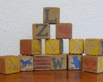 Vintage Toy Wood Alphabet Blocks Lot of 13