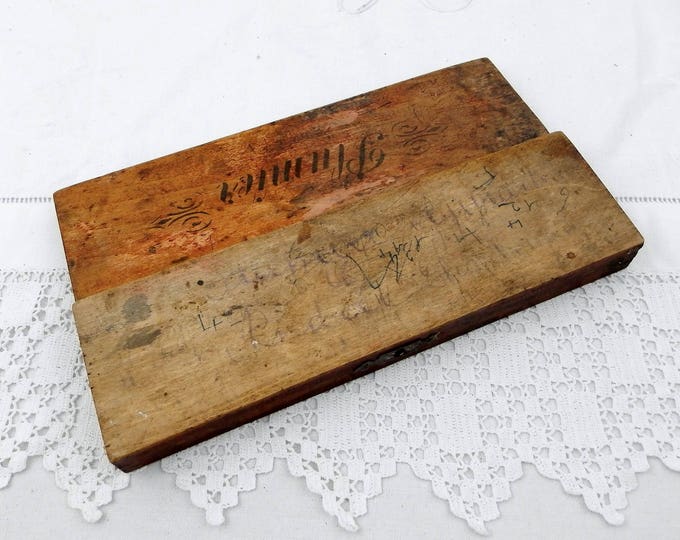 Antique French Wooden Pencil Box with "Plumier" Inscribed on the Lid and Dovetail Joints, Country Decor, Desk, Office, School, France, Pupil