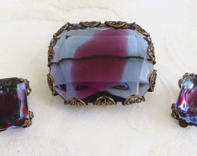 Vintage Art Glass Brooch Set, Filigree Setting, Clip Earrings, Watermelon Stones, Vintage West Germany Jewelry