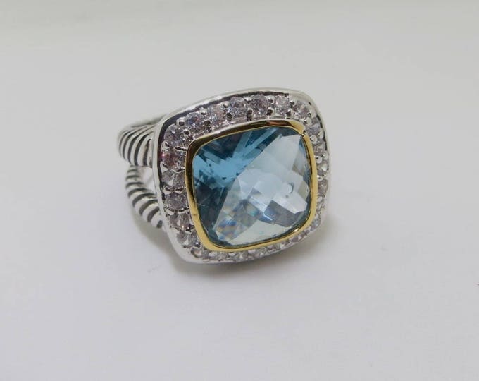 Cushion Cut Blue Topaz Ring, Silver & Gold Plate, Crystal Stones, Designer Inspired Statement Jewelry, Vintage, Size 9