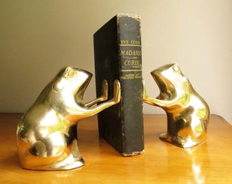 Vintage Brass Frog Bookends, Gold Frog Book Ends, Pair of Frogs, Toad Bookends