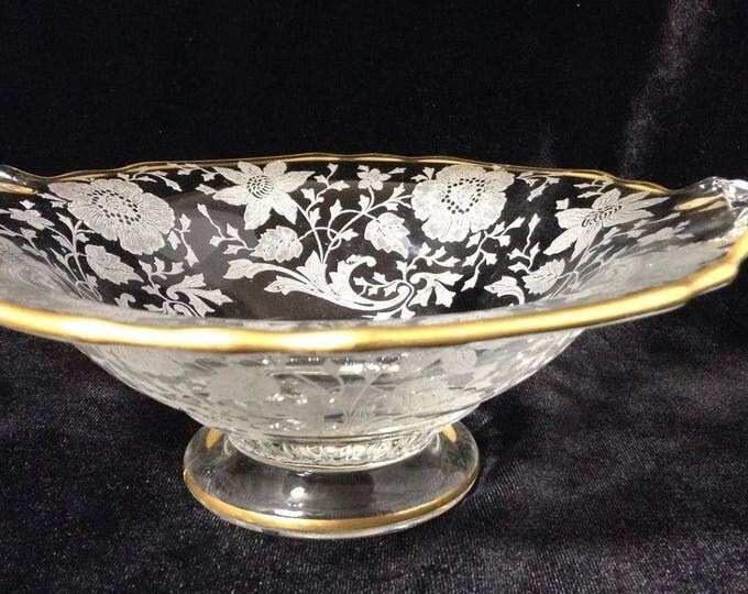 Cambridge Glass Bowl, Gold Rim, Etched Depression Glass, Centerpiece Dish, Wildflower, Etched Crystal, Golden Anniversary Gift For Parents