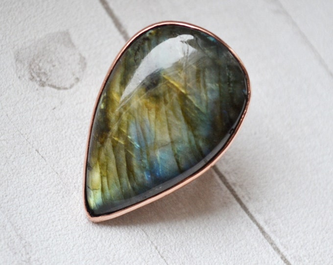 Large Ring Copper Labradorite Stone Boho Unique Rings Statement Rings Copper Sheet Embossed Not Heavy Blue Green Universal Ring valentine