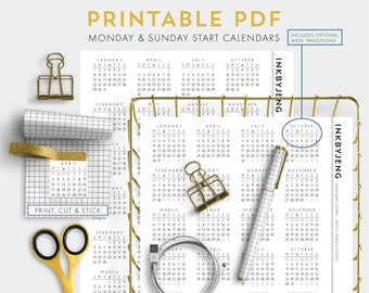 Printable PDF - 2017 Mini Calendars for Journal | Monday and Sunday Start | Optional month transitions included | Includes 5mm grid and 4mm