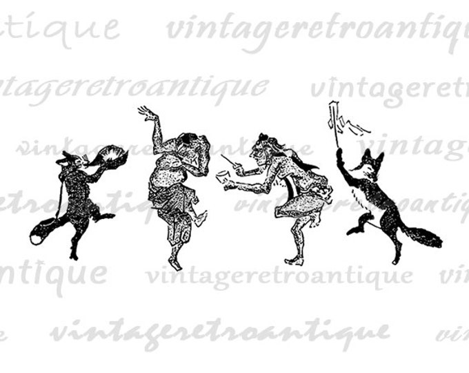 Digital Dancing Foxes Image Graphic Illustrated Printable Download Vintage Clip Art Jpg Png Eps HQ 300dpi No.1685