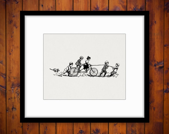 Antique Children Riding Two Seat Bicycle Digital Graphic Image Download Printable Vintage Clip Art Jpg Png Eps HQ 300dpi No.4184