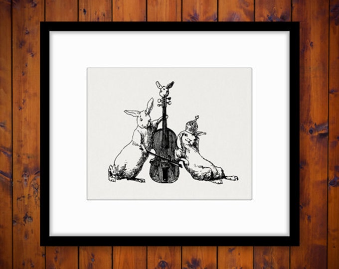 Printable Digital Rabbits with Violin Graphic Download Image Illustration Vintage Clip Art Jpg Png Eps HQ 300dpi No.2961