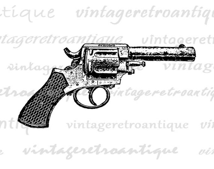 Antique Revolver Gun Printable Digital Download Pistol Graphic Illustration Image Vintage Clip Art Jpg Png Eps HQ 300dpi No.1474