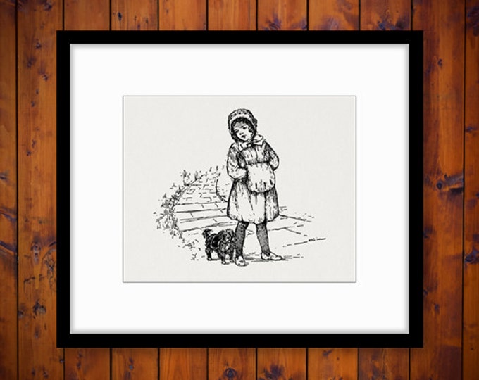 Digital Printable Little Girl with Dog Download Puppy Graphic Image Vintage Clip Art Jpg Png Eps HQ 300dpi No.299