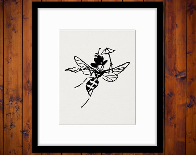 Printable Digital Bee with Hat and Umbrella Antique Download Image Graphic Vintage Clip Art Jpg Png Eps HQ 300dpi No.1725