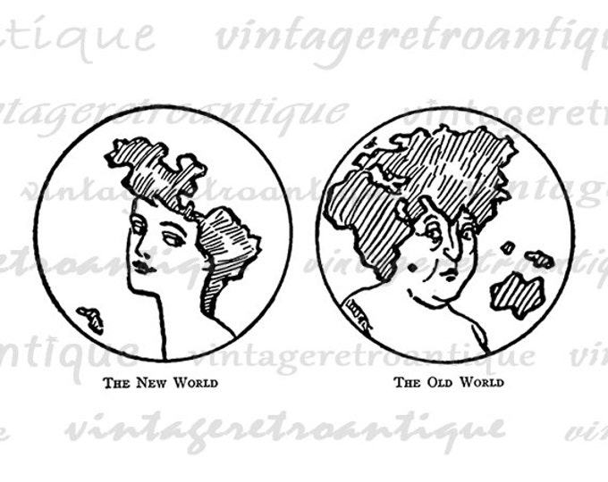 Earth as Woman's Faces New World Old World Printable Graphic Digital Download Image Antique Clip Art Jpg Png Eps HQ 300dpi No.1924