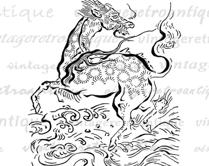 Digital Graphic Japanese Mythical Horse Image Illustration Download Printable Vintage Clip Art Jpg Png Eps HQ 300dpi No.1694