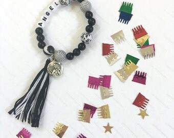 Angel Charm Beaded Bracelet, Personalized Beaded Charm Bracelet, Personalized Girl's Beaded Bracelet, Kid's Tassel Bracelets, Tassel Jewelry
