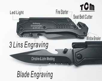 Valentine's day gift -Personalized Knife ,Hunting Knife Engraved Pocket Knife Rescue Knife/ Led light, Bottle Opener, Inbuilt fire starter.