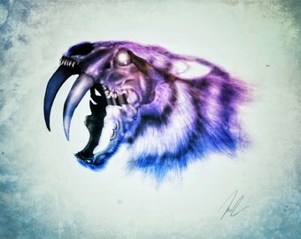 Sabretooth Tiger Painting | Sabretooth Tiger Skull | Steampunk Skull | Tiger Print | Tiger Painting | Surreal Tiger Art | Gothic Print