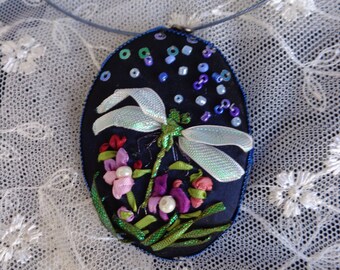 Pendant ,necklace, embroidered with silk ribbon, ribbonwork, ribbon flowers, gifts for her, unique