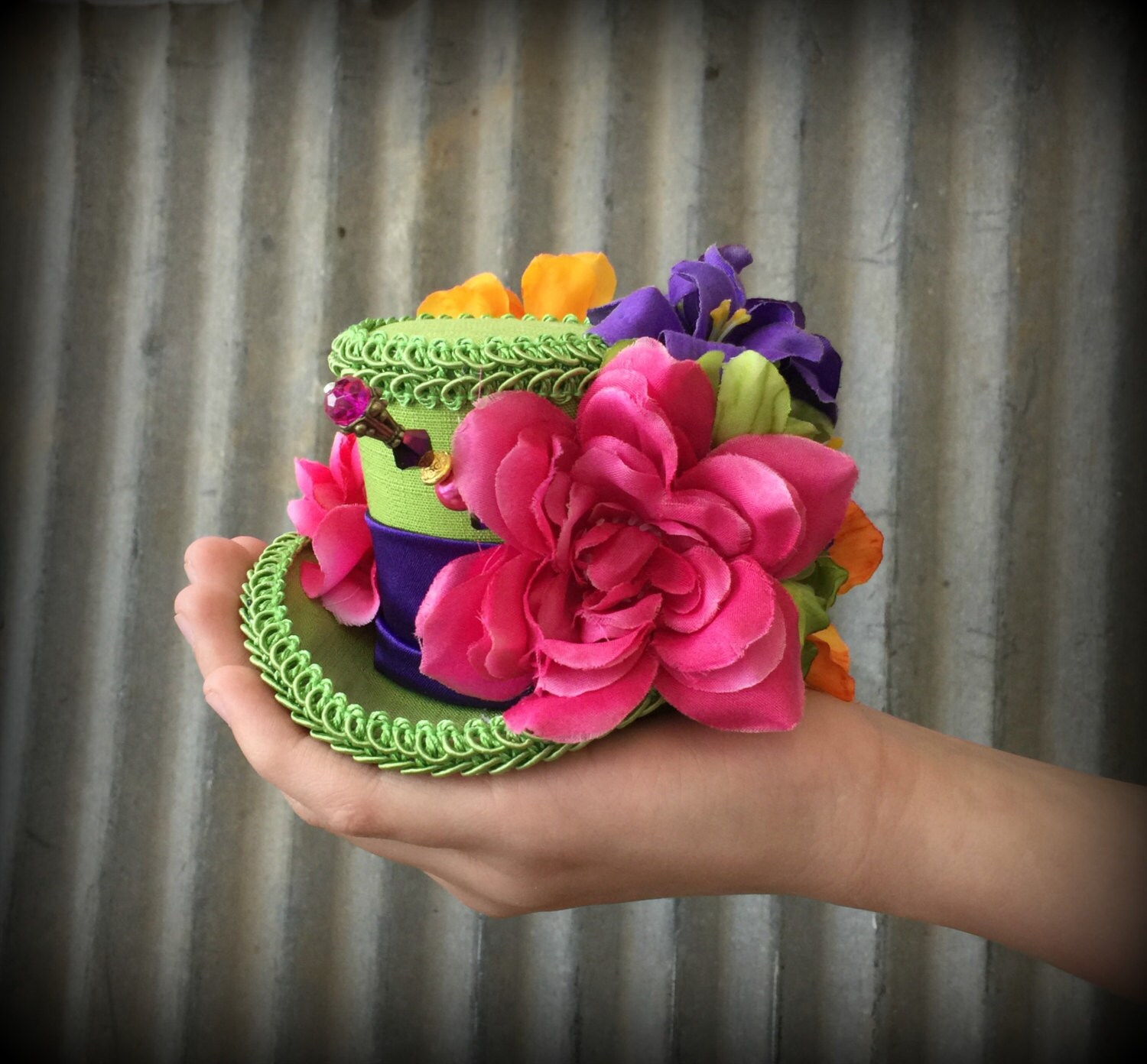 Micro Mini Top Hat Lime Green Flower hat Alice in by ChikiBird