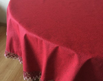Round Cotton Tablecloth Linen Lace Red White