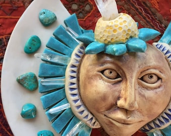 Flying Turquoise Crystal Flower Ceramic Mask Wallhanging