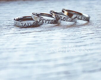 Hand Stamped Ring Name Ring Stacking Ring Mothers Ring Personalized Name Ring 3mm Shiny Stainless Steel comfort fit Mother's Day