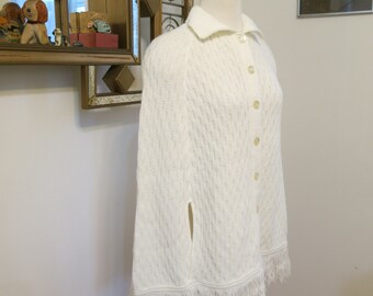 Vintage 1970s Fringe Poncho White Button up Cable Knit Sweater