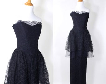 Vintage 1940s Dress | 40s Lace Peplum Strapless Formal Gown | Navy Blue | M L