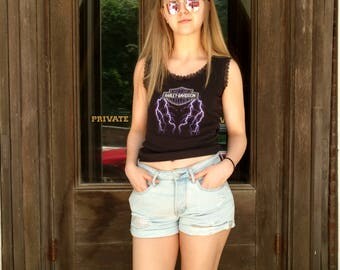 Vintage 80s Harley Davidson Women's Tank Top, Black Lace Trim With Purple Lightning Graphic Print T Shirt, Biker Clothing