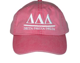 Delta Delta Delta Tri Delta (B) Hot Pink Baseball Hat with White Thread