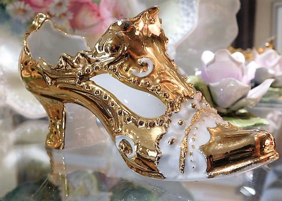 Antique Victorian Gold German Porcelain Shoe Slipper Ornate Galluba & Hofmann Shoe Boot Planter Figurine Vanity Vase Home Decor Cottage