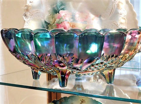 Indiana Harvest Blue Iridescent Carnival Glass Grape and Leaf Oval Console Bowl 1960s 60s Mid Century Vintage Country Cottage Home Decor