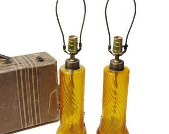 Hollywood Regency Lamps, Pair Of Lamps, Amber Lamp, Glass Lamp, Table Lamp Pair, Mid Century Lamp Pair,Yellow Glass, Mood Lighting