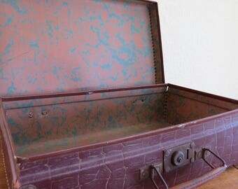 French Vintage Toy Suitcase, Doll Suitcase, or Child's Suitcase from France lined with Marbelized Paper Interior Mid Century