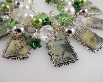Vintage in Green Picture Charm Bracelet Cha Cha Bracelet Altered Art Bracelet