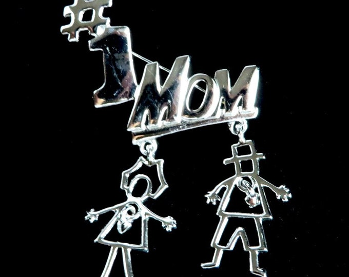 AJC #1 Mom Brooch, Vintage Silver Tone Pin, Dangling Kids Pin