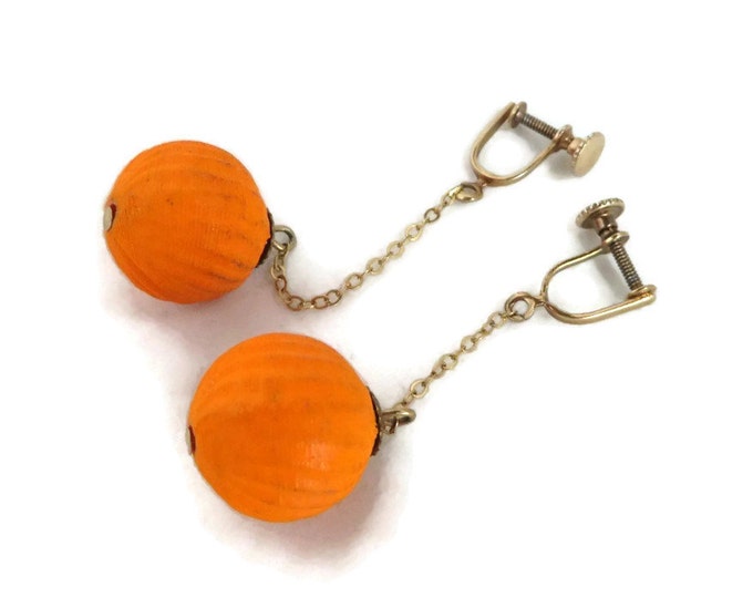 Orange Ornament Earrings, Vintage Dangling Chain Screwback Earrings